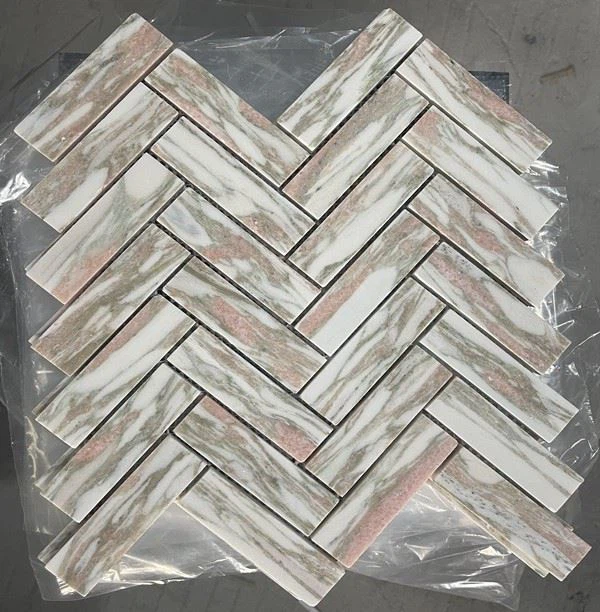 Herringbone Rosa Norvegia Marble Mosaic